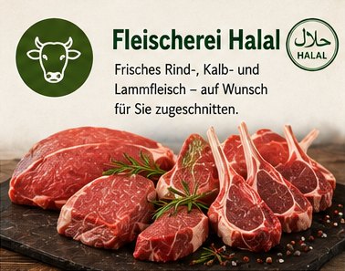 Fleischerei (Halal) – Frisches Rind-, Kalb- und Lammfleisch – auf Wunsch für Sie zugeschnitten. 100 % Halal.