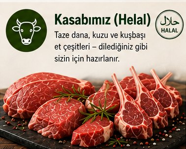 Kasabımız (Helal) – Taze dana, kuzu ve kuşbaşı et çeşitleri – dilediğiniz gibi sizin için hazırlanır.